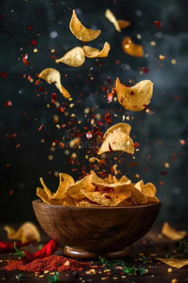 spicy-potato-chips-explosion-chili-flakes-dark-wooden-bowl-320199384
